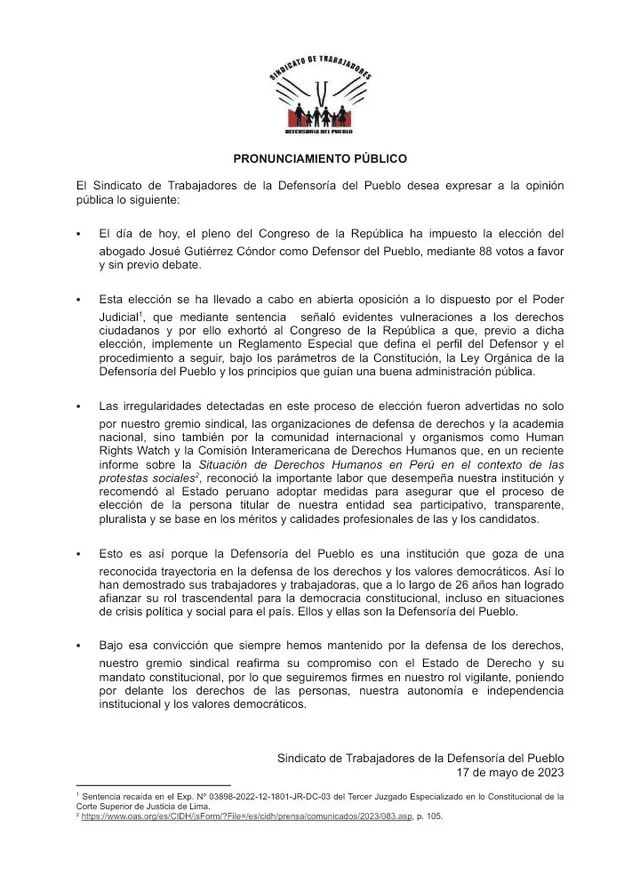  Sindicato de Trabajadores de la Defensoría se pronuncia sobre elección de Josué Gutiérrez. Foto: Twitter   