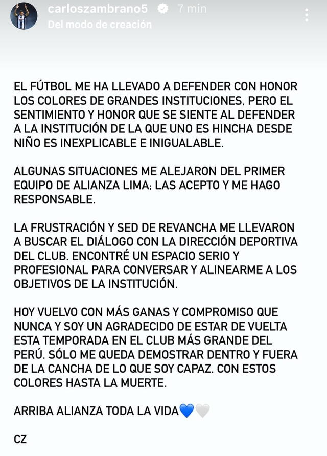 Comunicado de Carlos Zambrano sobre Alianza Lima. <strong>Foto: captura Instagram</strong>   