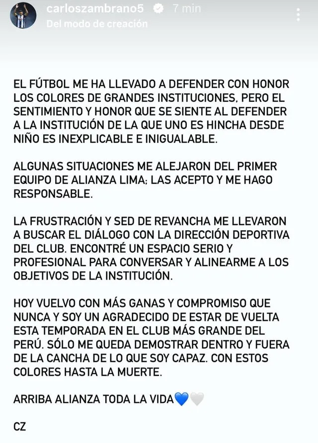 Comunicado de Carlos Zambrano. Foto: Instagram/Carlos Zambrano   