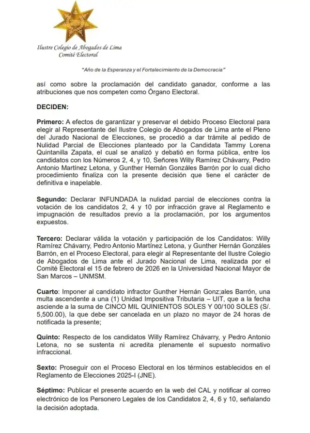 El Comité Electoral validó la participación de Gunther Gonzales. Foto: CAL