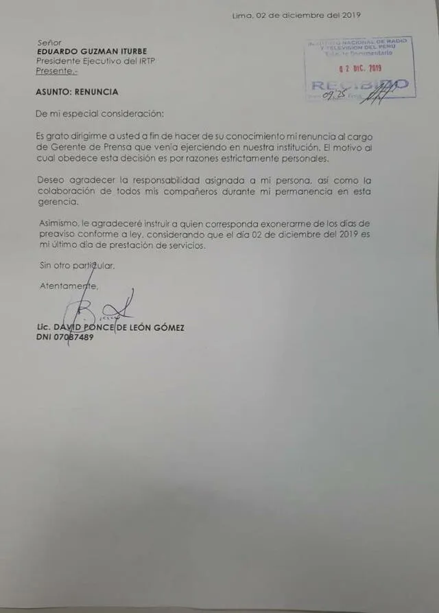 Renuncia de funcionario de TV Perú.