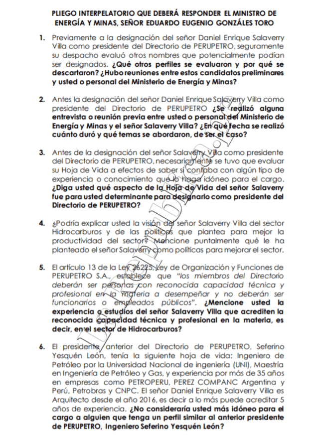 Las preguntas de la moción interpelación contra el ministro González por la designación de Salaverry: