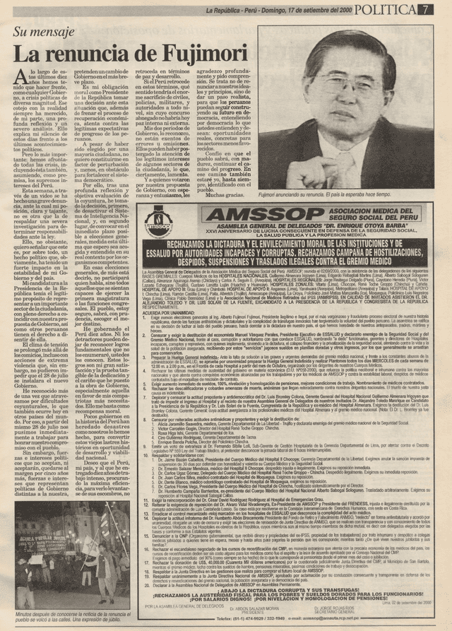 Así informó La Republica el anuncio de nuevas elecciones de Alberto Fujimori hace 19 años