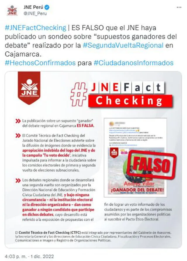 JNE desmiente contenido de la gráfica 1. Foto: captura en Twitter / JNE.