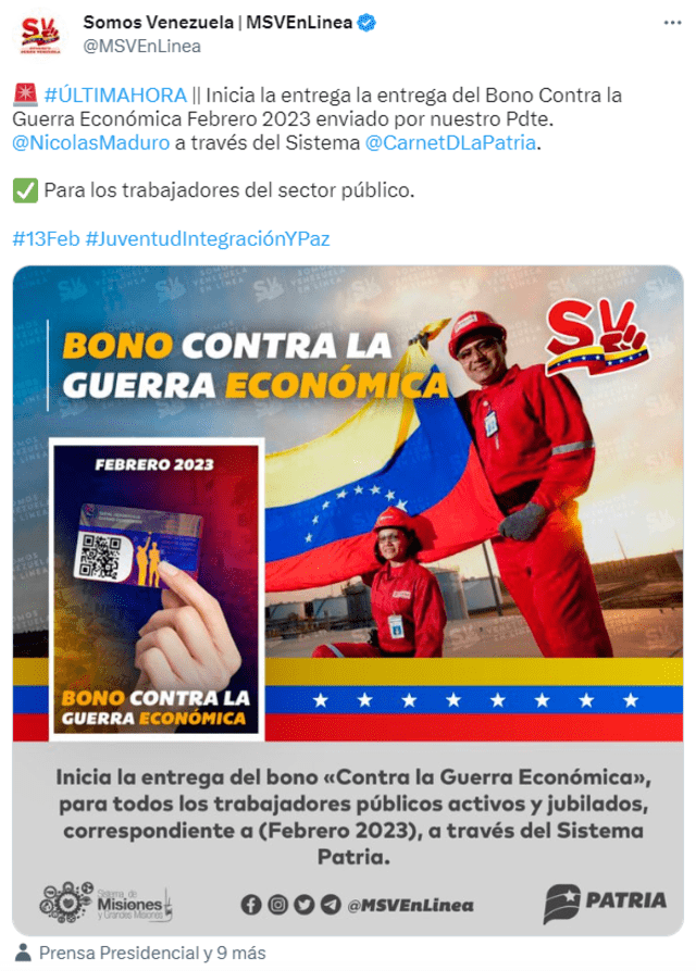  El canal oficial de comunicación de Somos Venezuela anunció la entrega del Bono contra la Guerra Económica. Foto: MSV En Línea/Twitter<br>    