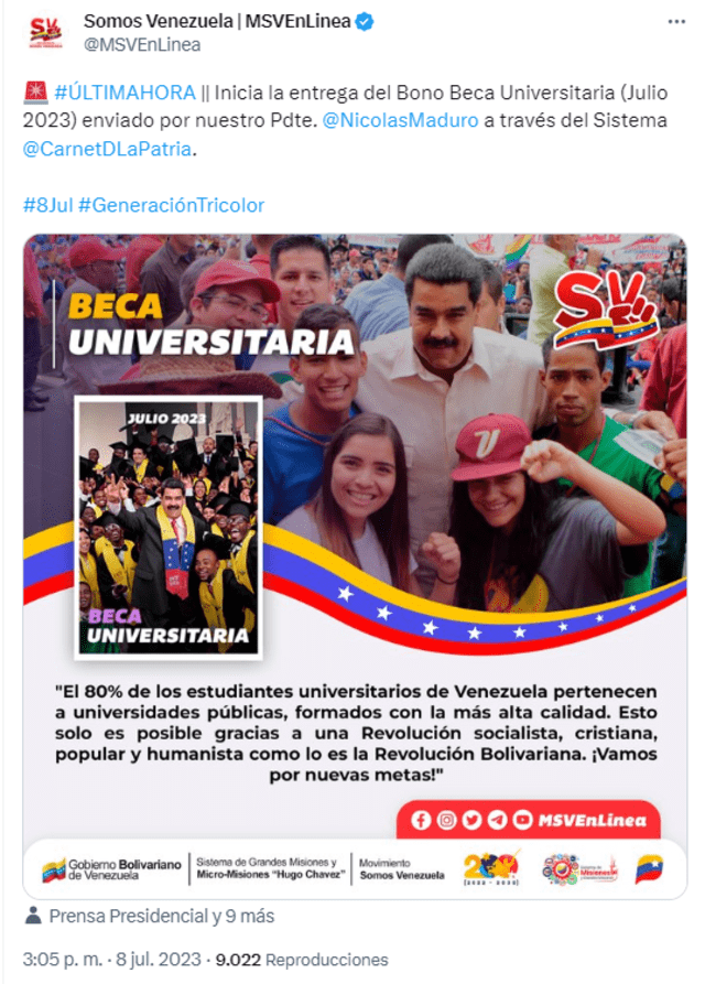 El pago de la Beca Universitaria es mensual. Foto: Somos Venezuela | MSVEnLínea/Twitter