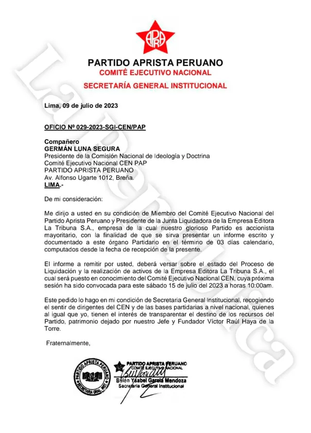  Belén García envía oficio a Germán Luna Segura, miembro del APRA y exasesor de Mauricio Mulder. Foto: Fuentes La República   