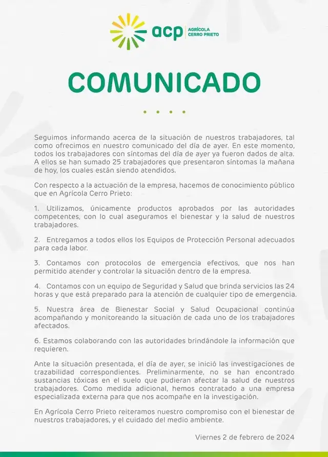 Comunicado de Agrícola Cierro Prieto 