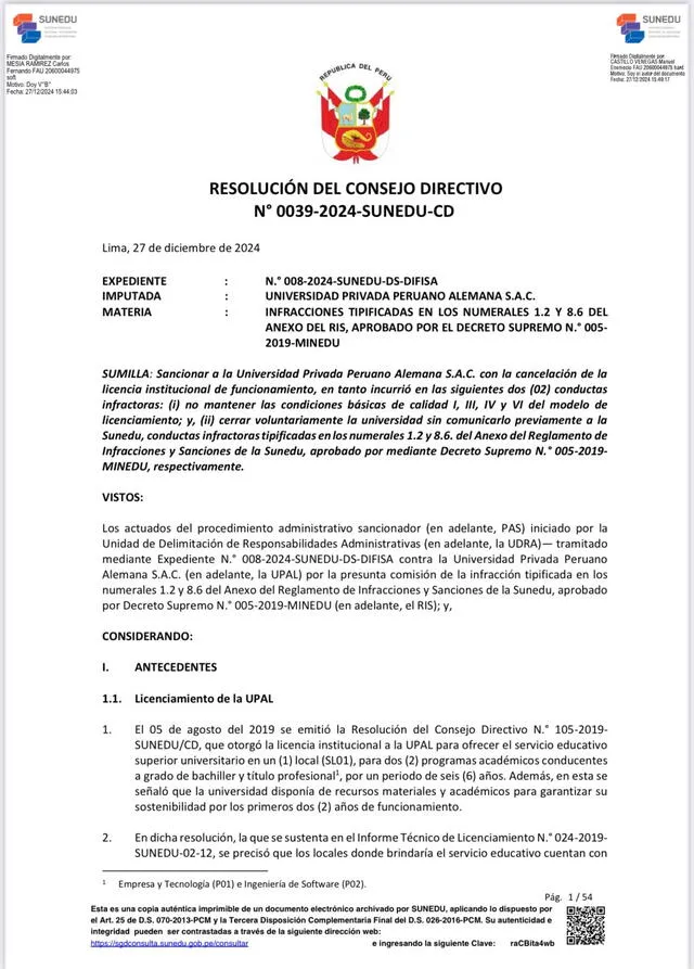  Sunedu canceló licenciamiento de la UPAL. 