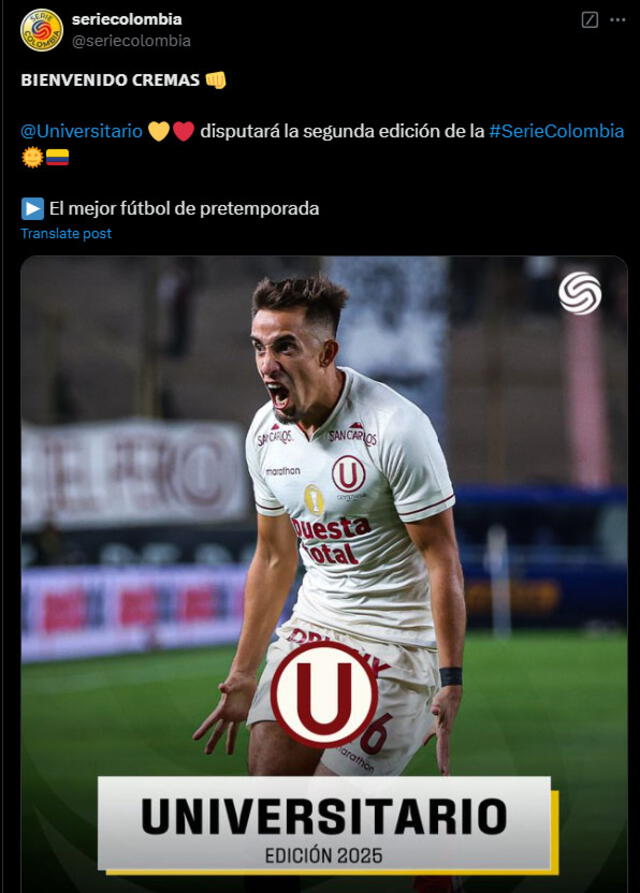 Universitario es uno de los clubes de la Liga 1 que fueron invitados al torneo amistoso. Foto: captura de Serie Colombia/X   