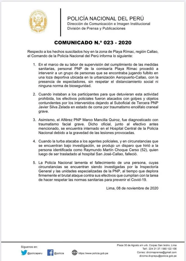 Comunicado de la Policía Nacional del Perú sobre la muerte de Raymundo Choque.