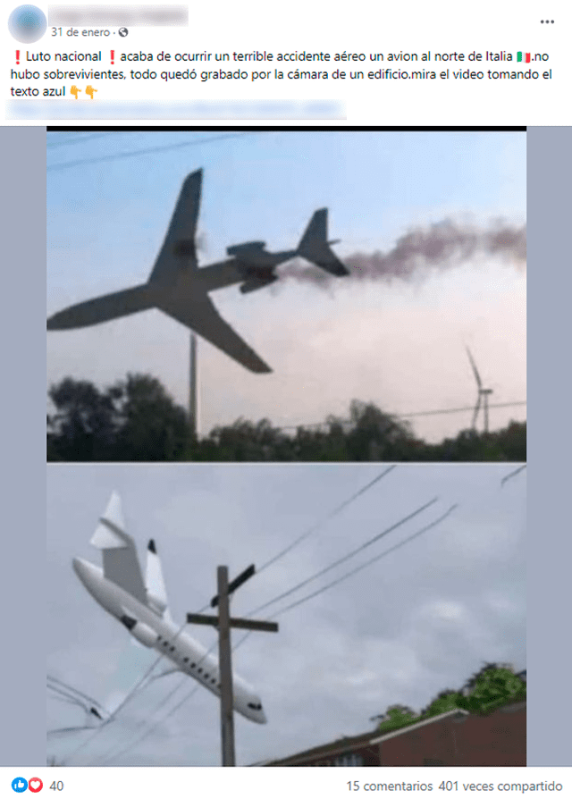 Publicación viral sobre supuesto accidente aéreo en Italia.