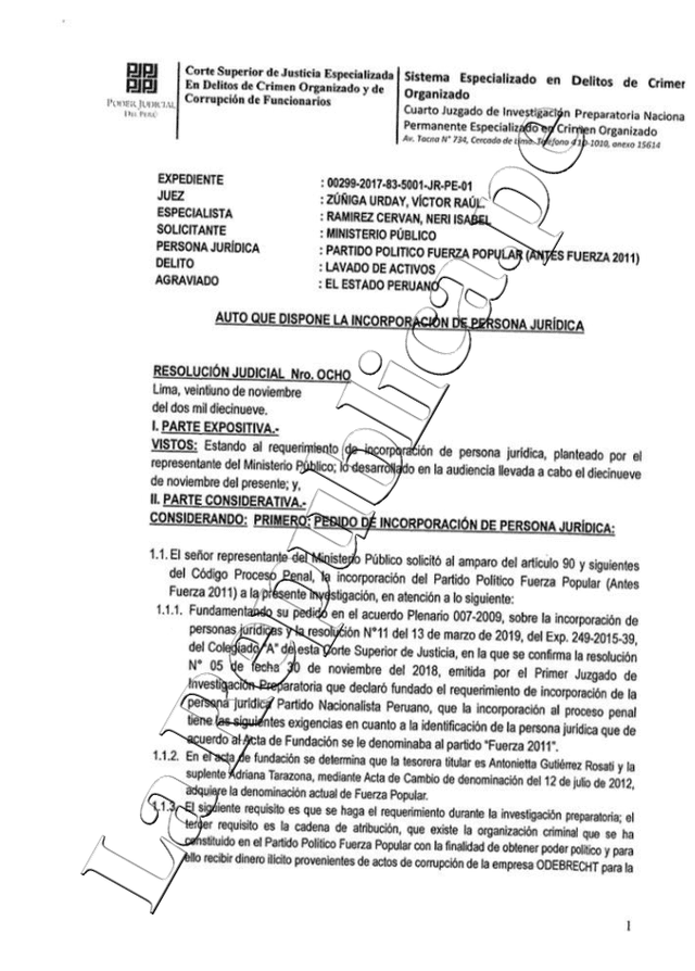 Documento fiscal sobre Fuerza Popular en caso Odebrecht.