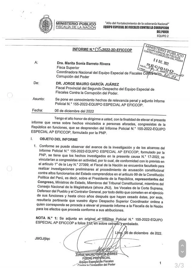  El 6 de diciembre de 2022, el fiscal de EFICOOP Jorge García Juárez envió el requerimiento de detención, adjuntando el informe del coronel Harvey Colchado, a la fiscal coordinadora, Marita Barreto.   
