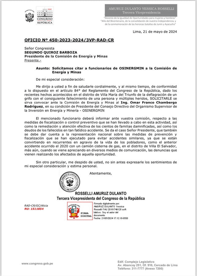  La carta de Rosselli Amuruz al presidente de la Comisión de Energía y Minas, Segundo Quiroz. Foto: difusión.   