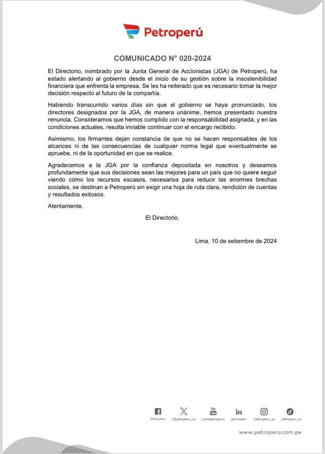 Comunicado de renuncia del directorio de Petroperú    