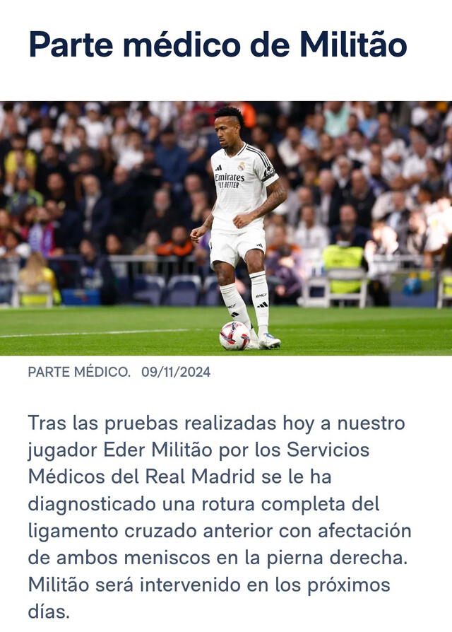  Parte médico de Eder Militao. Foto: Real Madrid 