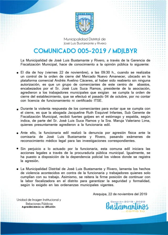 Comunicado de Municipalidad de José Luis Bustamante y Rivero.