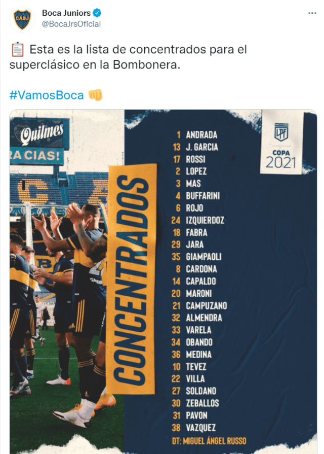 Lista de convocados de Boca Juniors. Foto: Captura de Twitter