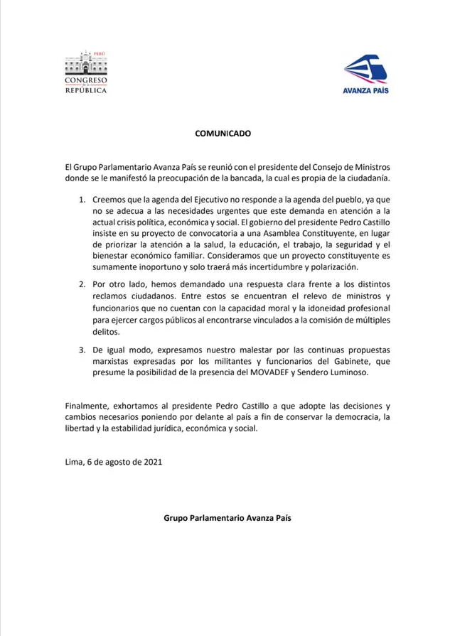 La Banda de Avanza País emitió un comunicado sobre la reunión sostenida contra Guido Bellido. Foto: captura Twitter.