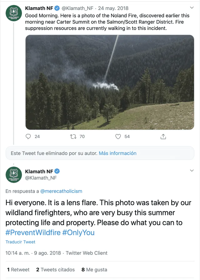 El bosque nacional de Klamath, en Estados Unidos, publicó la imagen y señaló que se trata de un error del lente. Foto: Captura.