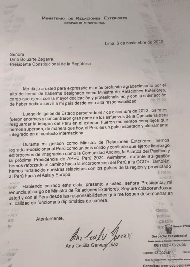 Foto: carta de renuncia de Gervasi   