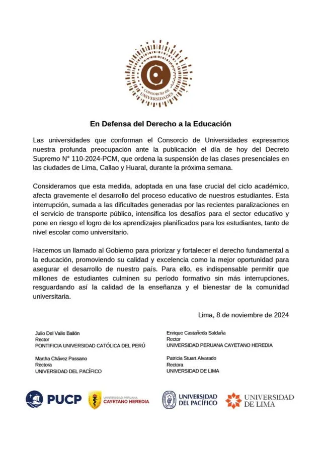  Consorcio de Universidades se pronunció ante la suspensión de clases presenciales. Foto: Difusión    