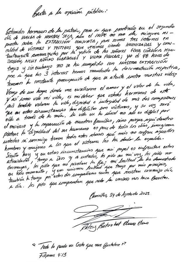 Carta publicada por Betssy Chávez. Carta publicada por Betssy Chávez.