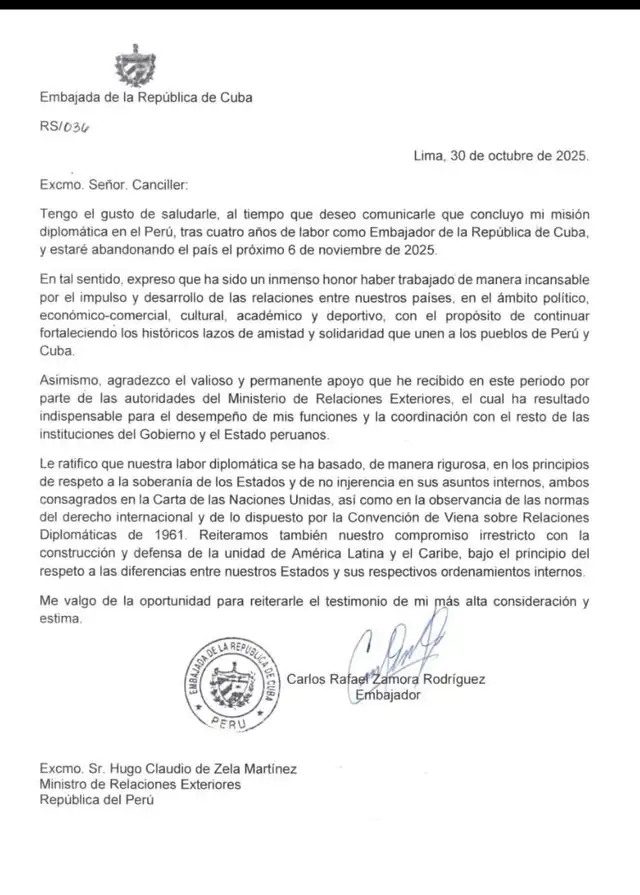  Carta del embajador de Cuba al ministro de Relaciones Exteriores   