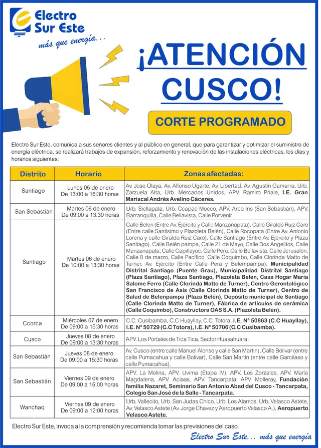 Cortes programados por Electro Sur Este. Foto: difusión   