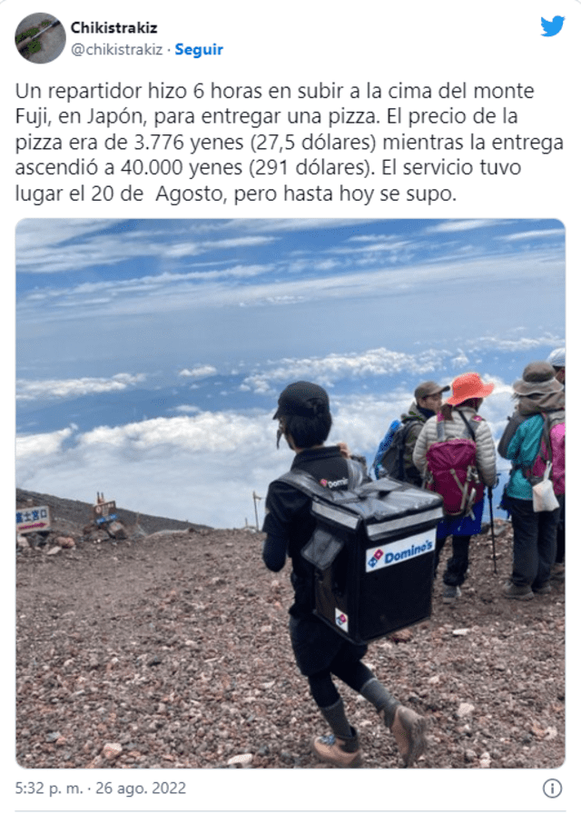 Repartidor rompe records al subir la cima del monte Fuji para entregar una pizza a su cliente