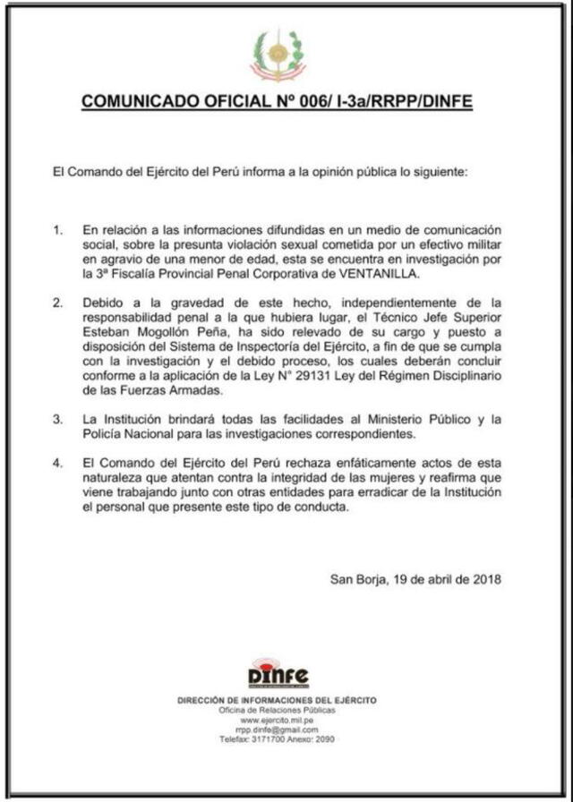 Comunicado del Ejército sobre el caso en 2018. Foto: Ejército