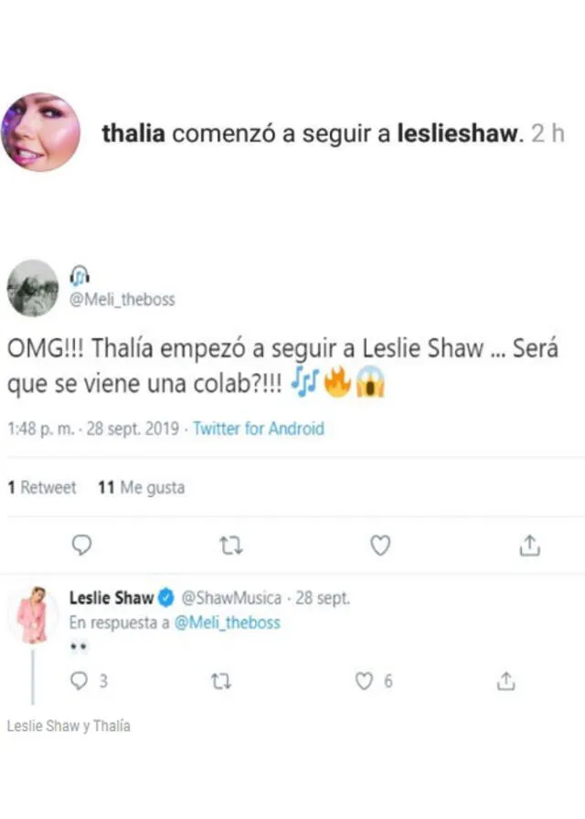 Thalía empezó a seguir a Leslie Shaw. (Foto: captura)