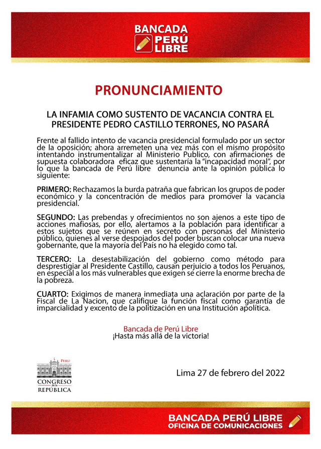 Comunicado de la bancada de Perú Libre. Foto: Perú Libre