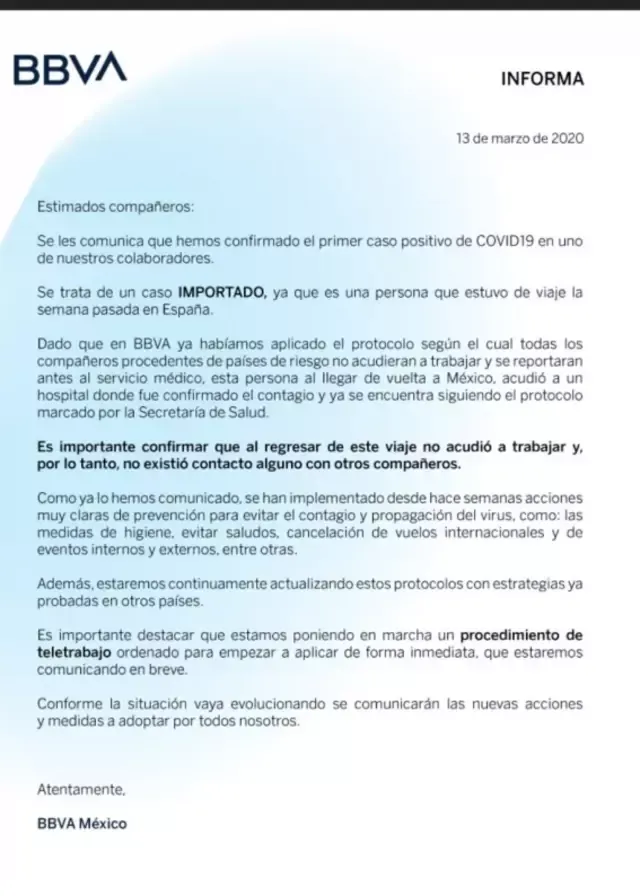 Documento interno donde se anuncia el caso positivo del nuevo coronavirus. (Foto: BBVA)
