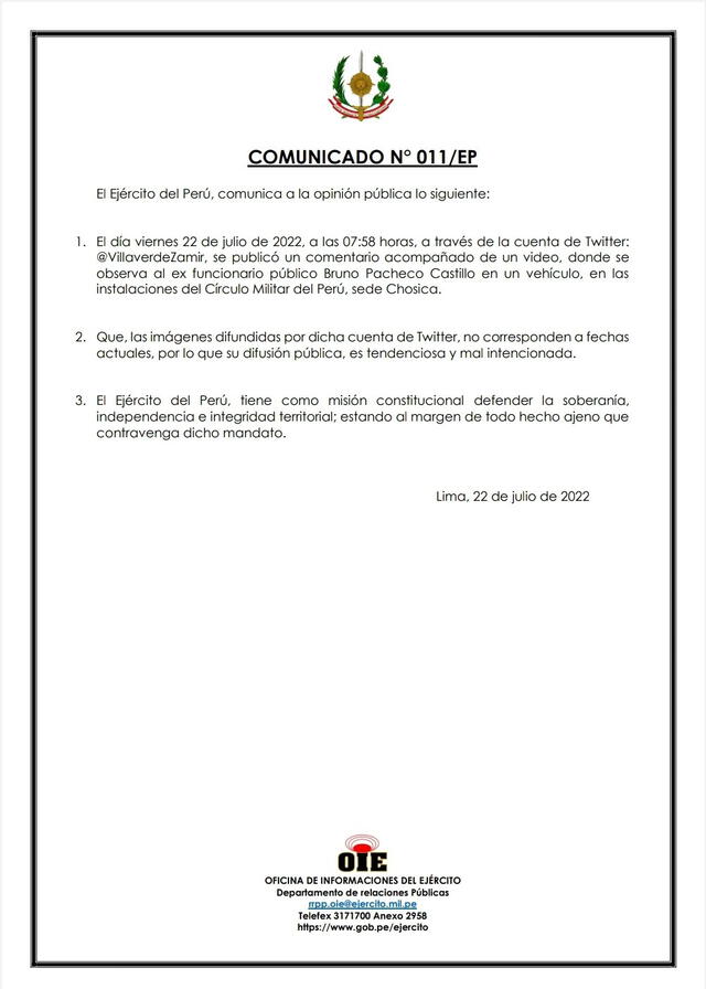 Comunicado publicado por el Ejército. Foto: Twitter/EP