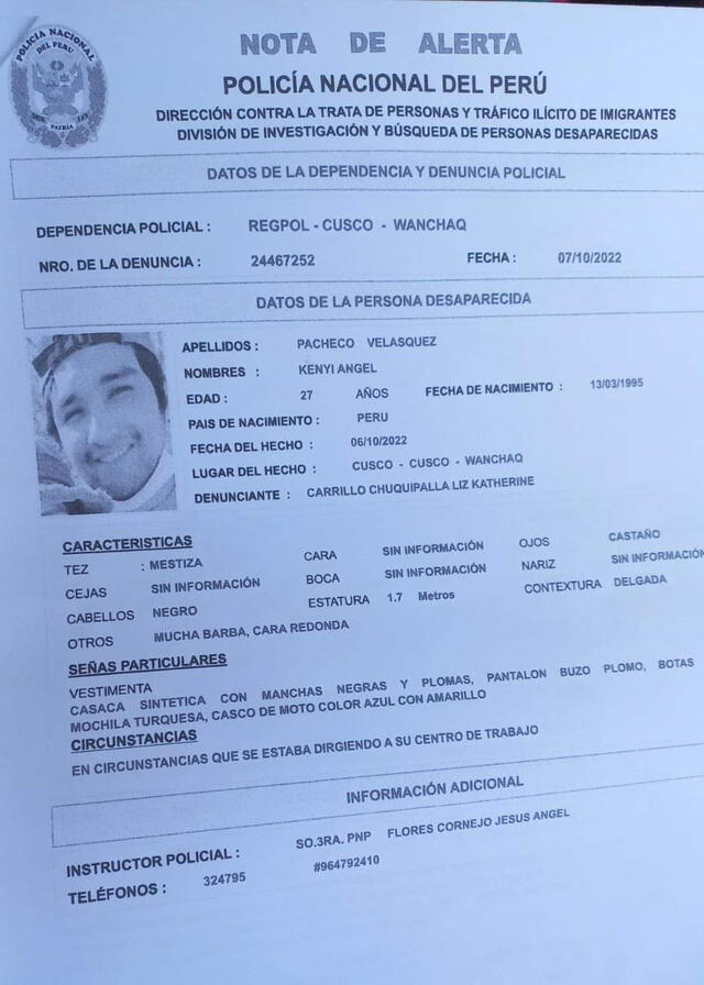 Nota de alerta de desaparición. Foto: PNP