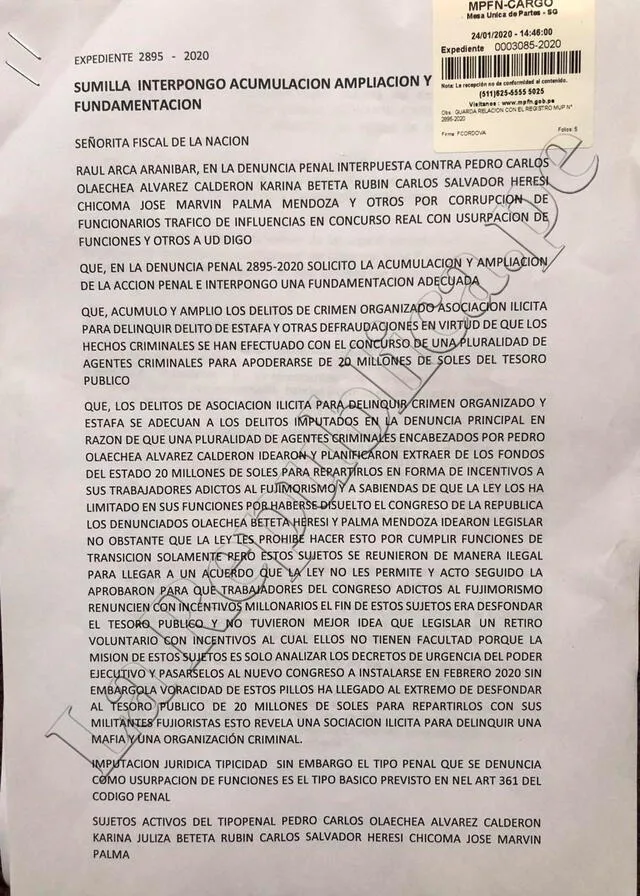Presentan ampliación de denuncia contra Pedro Olaechea y mesa directiva de la Comisión Permanente