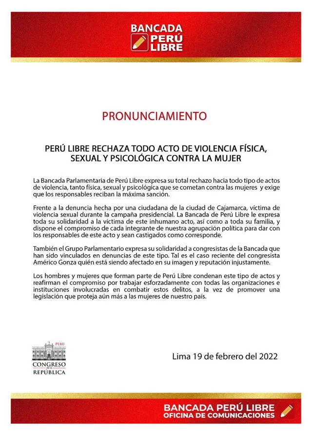 Comunicado de Perú Libre.