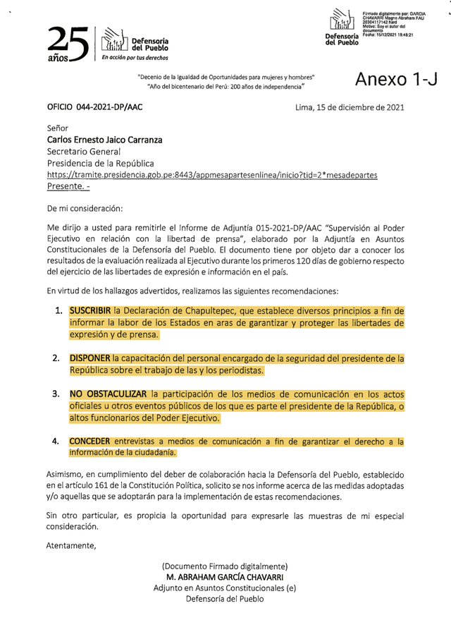 Oficio que la Presidencia nunca respondió a Defensoría.   