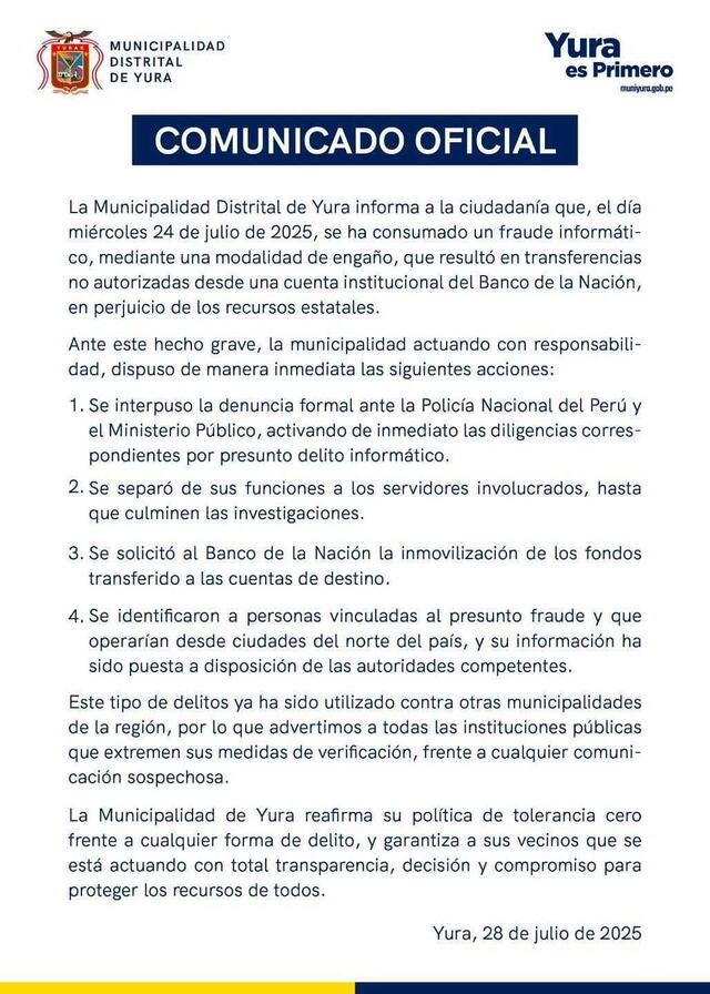 Pronunciamiento de la Municipalidad de Yura tras haber sufrido robo cibernético de más de S/1 millón. Foto: Municipalidad de Yura   