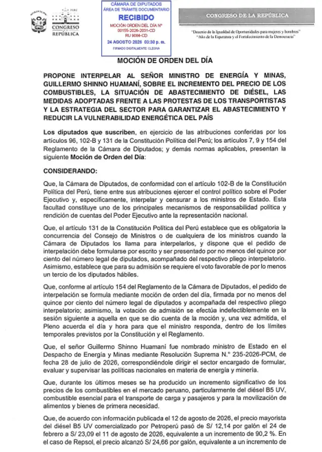 Moción de orden del día que plantea interpelar al Ministro de Energía y Minas.