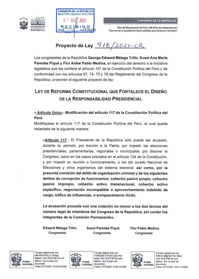 Proyecto de ley presentado por la bancada del Partido Morado. Foto: @despacho_emt / Twitter