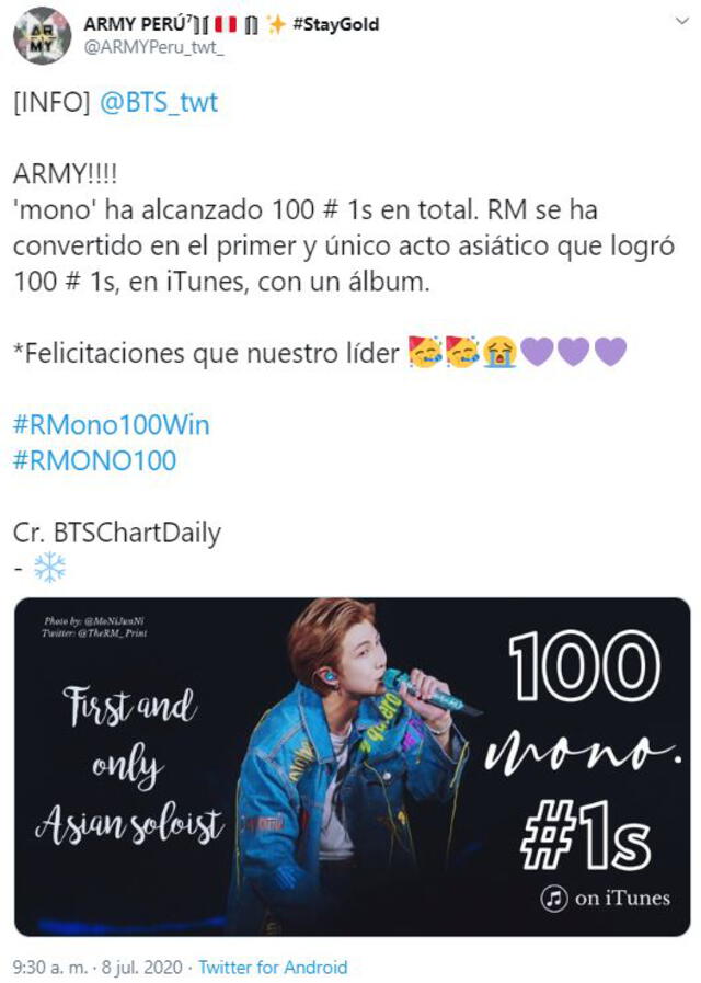 RM logra 100 #1 en iTunes. Captura: Twitter