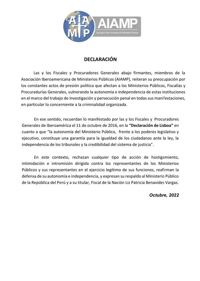 Comunicado de la Asociación Iberoamericana de Ministerios Públicos. Foto: Twitter/AIAMP