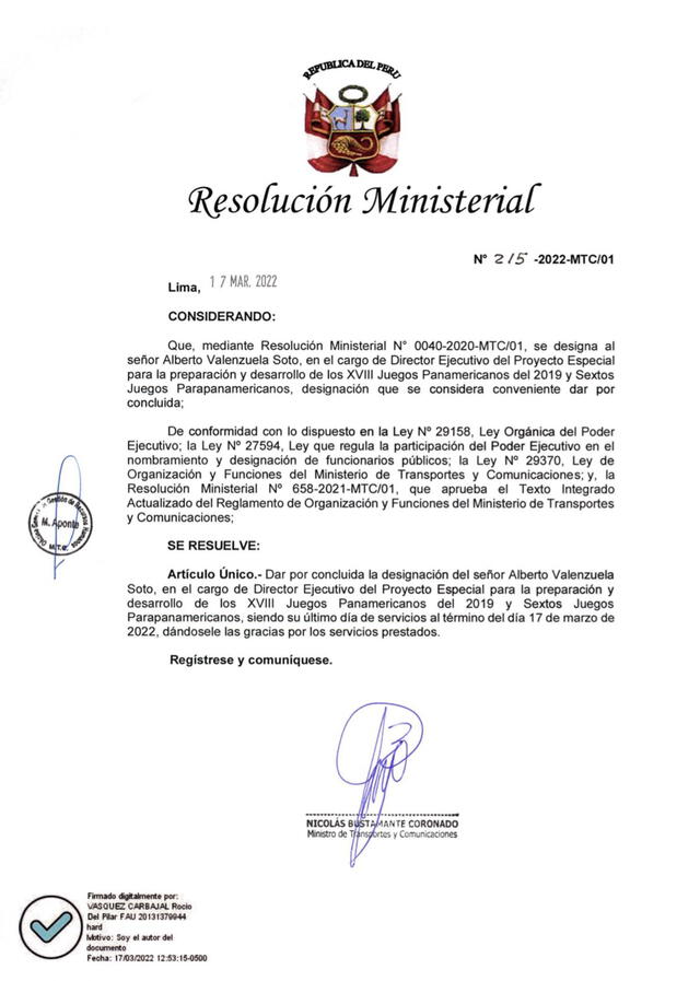 Resolución ministerial que da por concluida la designación de Alberto Valenzuela. Foto: Ministerio de Transportes y Comunicaciones