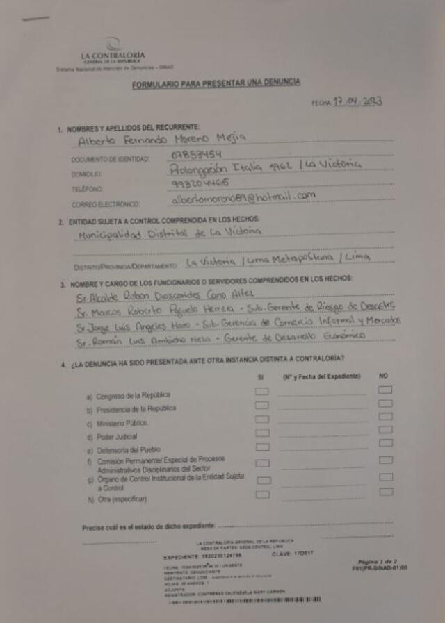 Documento que sustenta la denuncia de Alberto Moreno a la Contraloría. Foto: La República 