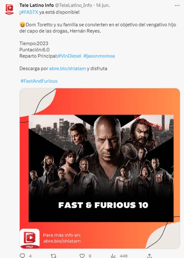 " Fast X" todavía no se estrena en ninguna plataforma de streaming legal. Foto: captura de Twitter/@TeleLatino_Info<br>   