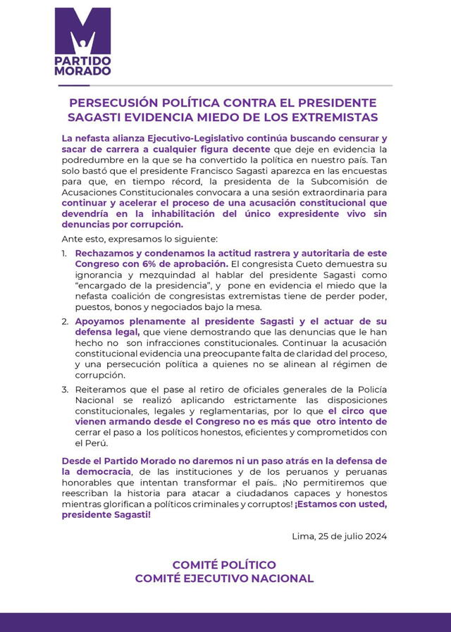 Comunicado del Partido Morado muestra su respaldo al expresidente ante la denuncia constitucional en su contra. Foto: Partido Morado.   