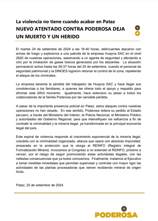 Minera pide la intervención del Estado para frenar la criminalidad. Foto: Minera La Poderosa   